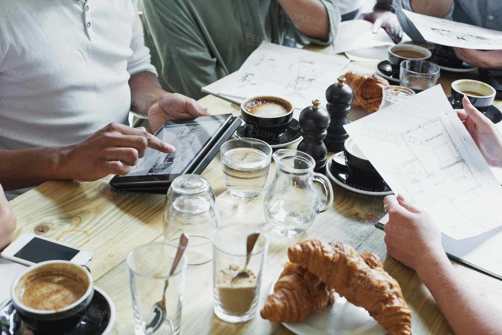Buy stock photo Hands, tablet and documents in cafe with meeting, remote work and blueprint for interior design team. Designer, people and tech in coffee shop with floor plan, brainstorming and renovation project.