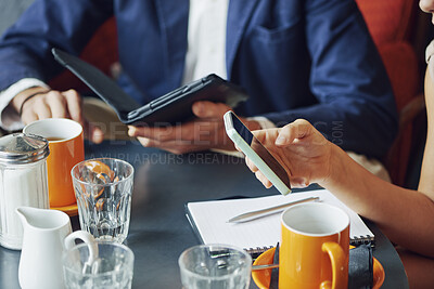 Buy stock photo Phone, tablet and hands of people in cafe with notebook to research on creative project with review. Technology, cellphone and magazine editor with manager for feedback on publishing in coffee shop.