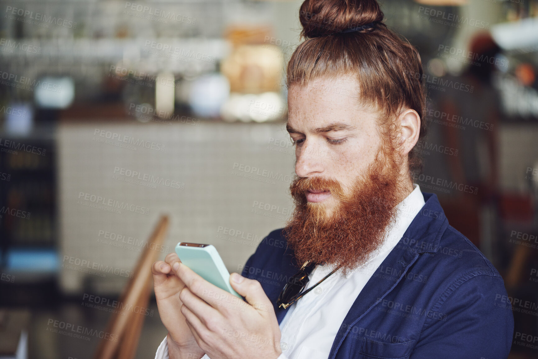 Buy stock photo Coffee shop, phone and man relax with app, check news or browsing website for blog in morning. Cafe, tech and customer reading email, online review or article for internet notification