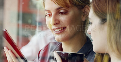 Buy stock photo Coffee, phone and window with women in cafe together for communication, sharing or social media. App, drink and text message with girl friends in restaurant for bonding, connection or reunion