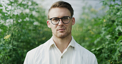 Buy stock photo Scientist, man and serious portrait on farm for crop management, field research or about us. Agronomist, person and glasses outdoor for medical innovation, pest control or  sustainable science career