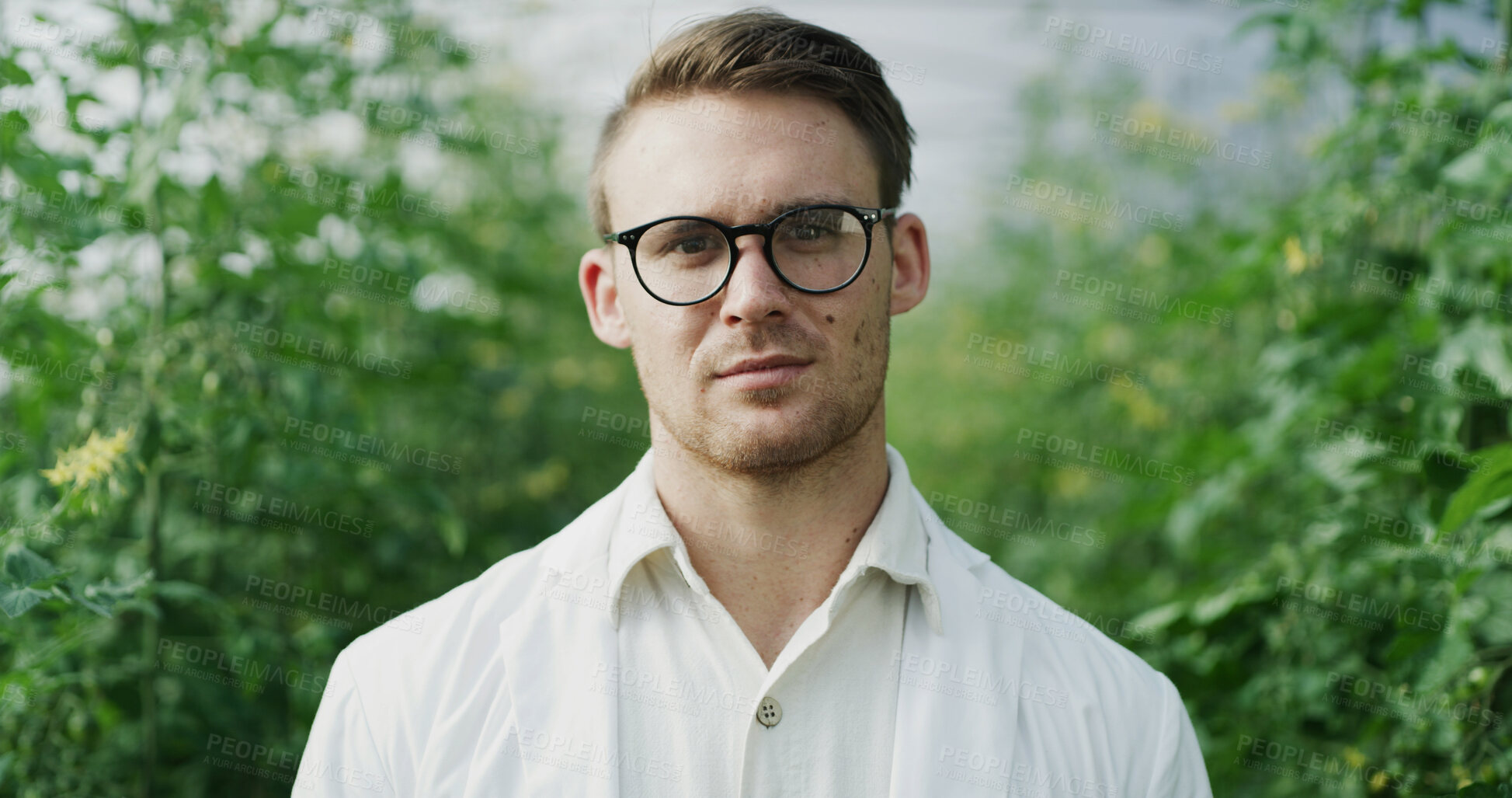 Buy stock photo Scientist, man and serious portrait on farm for crop management, field research or about us. Agronomist, person and glasses outdoor for medical innovation, pest control or  sustainable science career