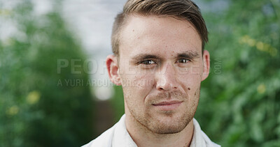 Buy stock photo Portrait, man and botanist in greenhouse for science, agriculture or gmo development at farm. Scientist, conservatory and person with food production, agro research and plant study in Germany