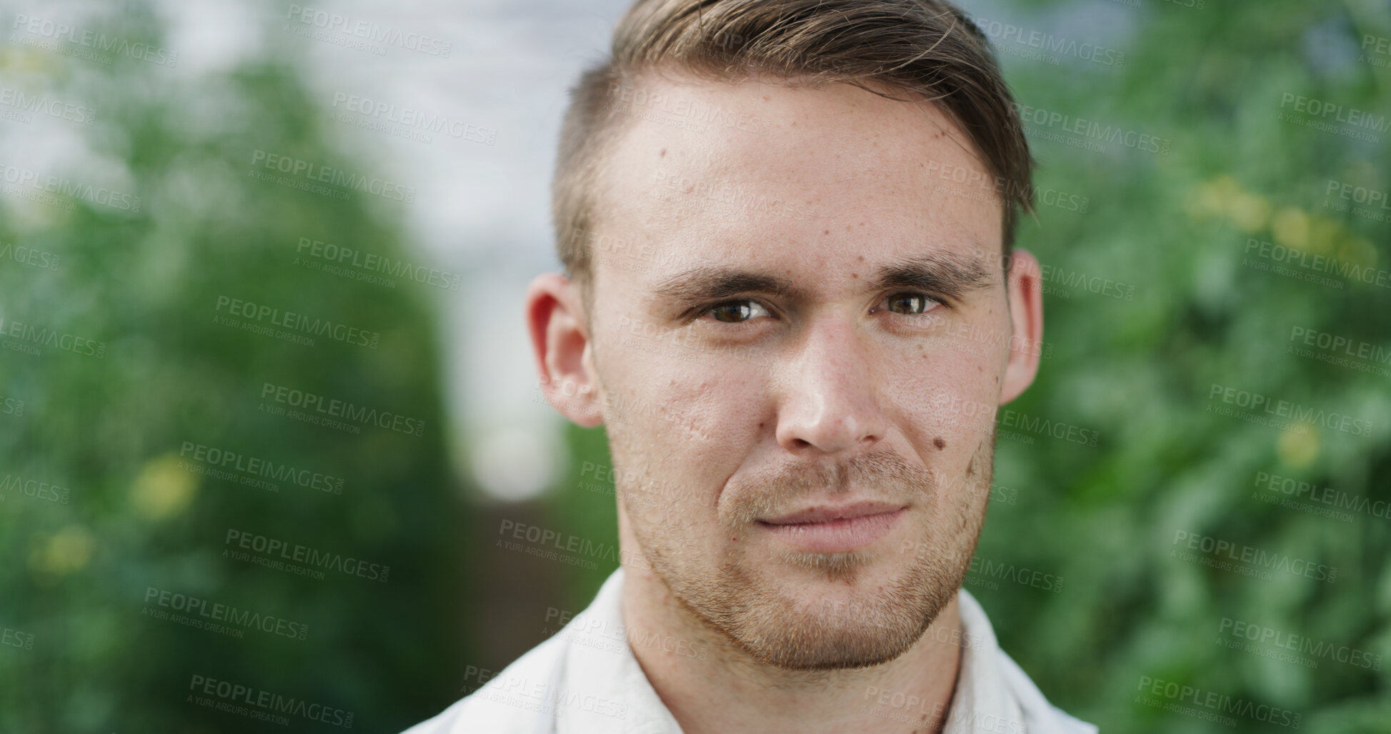 Buy stock photo Portrait, man and botanist in greenhouse for science, agriculture or gmo development at farm. Scientist, conservatory and person with food production, agro research and plant study in Germany