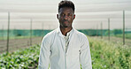Portrait, scientist or black man with harvest on farm for agro business, production or agriculture. Male person, farmer or cultivation with crops, resources or natural growth for conservation science