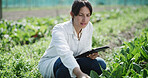 Scientist, woman and inspection with tablet on farm for field research, yield health or reporting. Medical, agronomist and tech in nature for quality control, monitor plant growth and record results