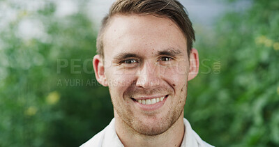 Buy stock photo Portrait, happy man and botanist in greenhouse for science, agriculture or gmo development at farm. Scientist, conservatory and person with food production, agro research and plant study in Germany