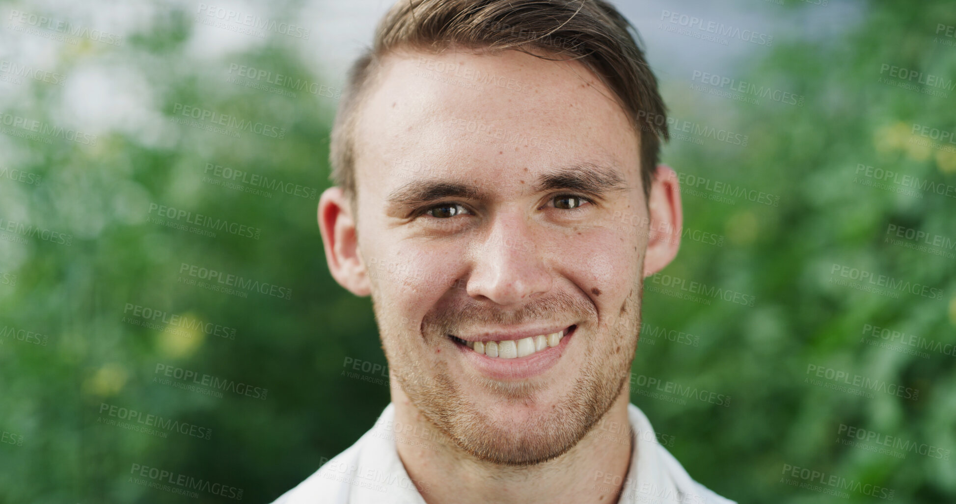 Buy stock photo Portrait, happy man and botanist in greenhouse for science, agriculture or gmo development at farm. Scientist, conservatory and person with food production, agro research and plant study in Germany