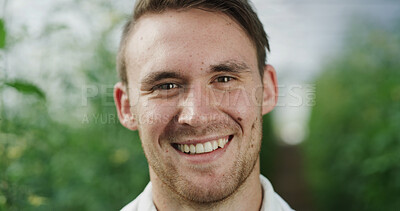 Buy stock photo Portrait, man and botanist in greenhouse for agriculture, science or gmo development at farm. Scientist, conservatory and happy person with food production, agro research and plant study in Germany