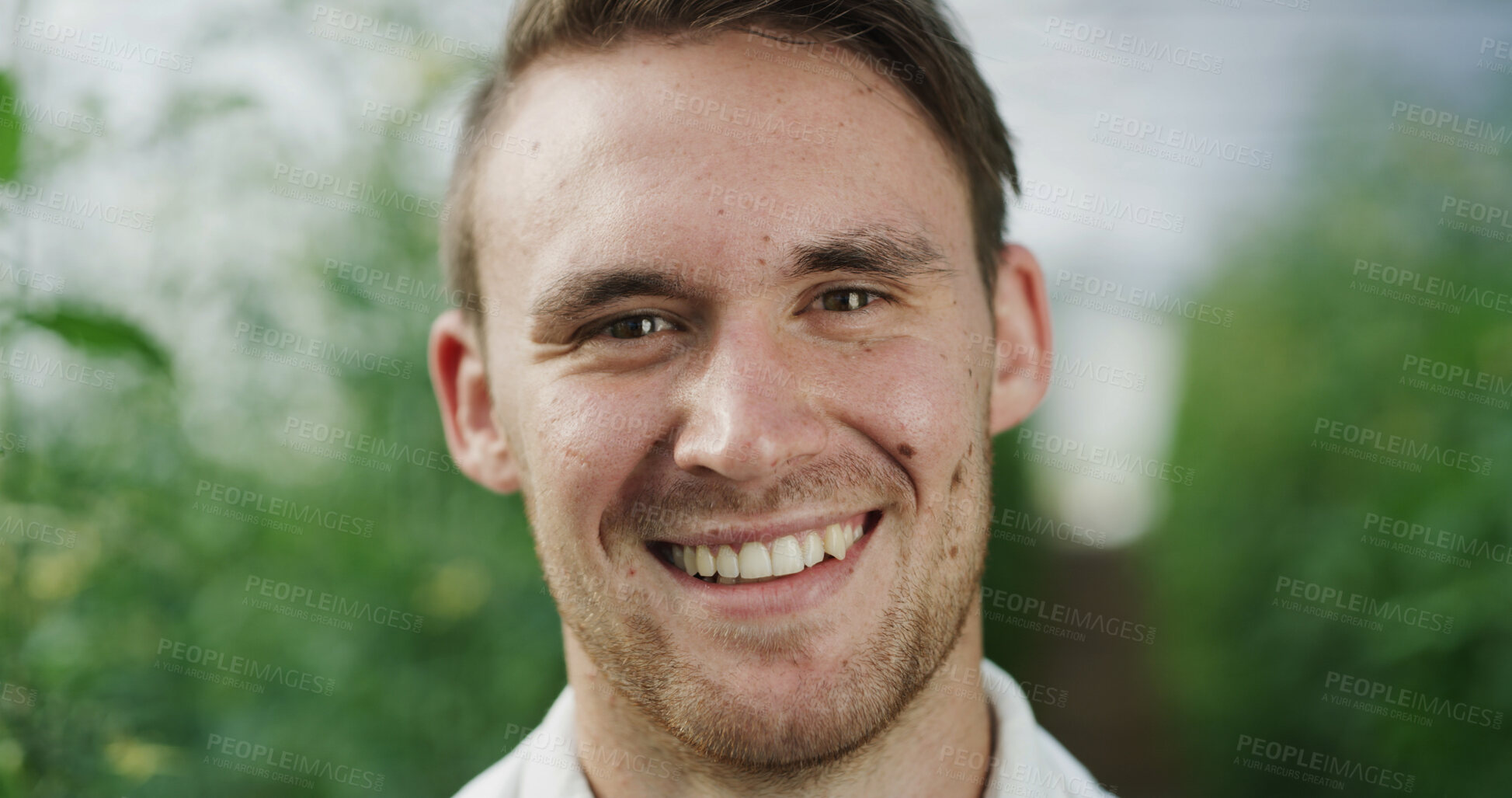Buy stock photo Portrait, man and botanist in greenhouse for agriculture, science or gmo development at farm. Scientist, conservatory and happy person with food production, agro research and plant study in Germany