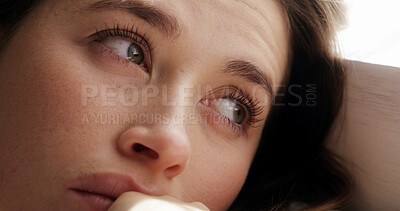 Buy stock photo Woman, doubt and sad in home with thinking, loneliness or regret with reflection for decision. Anxiety, memory and person with perspective for loss, grief and mental health for morning in house