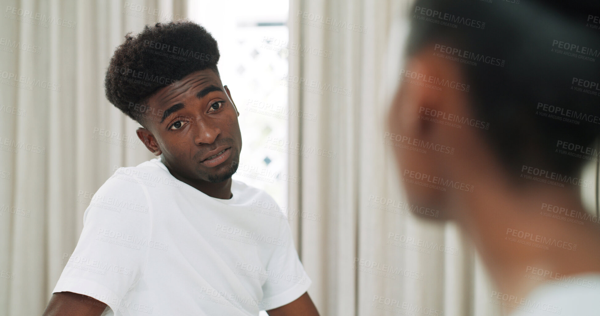 Buy stock photo Man, black couple and talk in home for love, serious conversation or connection together. Partner, woman and person in house with care, trust and support with commitment in healthy relationship