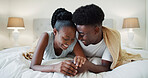 Smile, love and black couple on bed for conversation, communication and together in home. Relax, comfort and African woman with man in house bedroom for morning, bonding and commitment for marriage