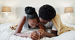 Smile, relax and black couple on bed for conversation, communication and together in home. Love, comfort and African woman with man in house bedroom for morning, bonding and commitment for marriage