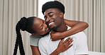 Smile, black couple and hug in home for trust, loyalty or connection together for healthy relationship. Man, woman or embrace partner at house with love, care or support with commitment for happiness