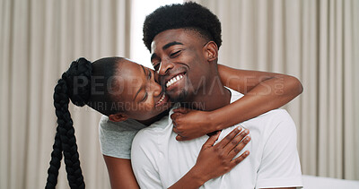 Buy stock photo Smile, black couple and hug in home for trust, loyalty or connection together for healthy relationship. Man, woman or embrace partner at house with love, care or support with commitment for happiness