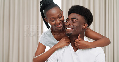 Buy stock photo Smile, black couple and hug in home for love, loyalty or connection together for healthy relationship. Man, woman or embrace partner at house with care, trust or support with commitment for happiness