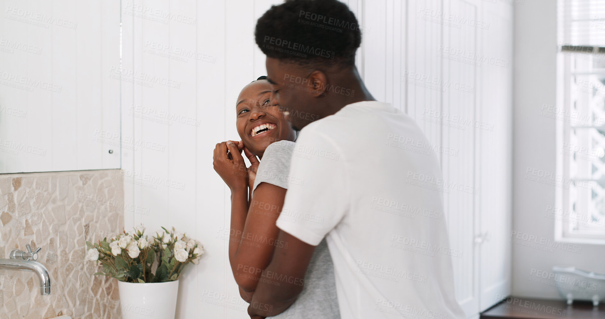 Buy stock photo Laugh, hug and morning with black couple in bathroom for bonding, grooming and getting ready. Happiness, support and joke with man and woman talking in home for communication, hygiene and marriage