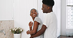 Smile, love and morning with black couple in bathroom for bonding, grooming and getting ready. Happiness, support and laugh with man and woman talking in home for communication, hygiene and marriage