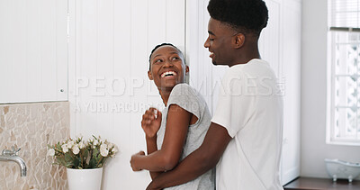 Buy stock photo Smile, hug and morning with black couple in bathroom for bonding, grooming and getting ready. Happiness, support and laugh with man and woman talking in home for communication, hygiene and marriage