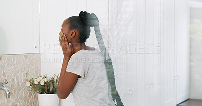 Buy stock photo Woman, skincare and mirror in bathroom with morning routine, grooming and preparation for wellness. Space, black person and self care in home with dermatology, cosmetics and getting ready for day.