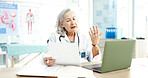Talking, hello and woman doctor on laptop video call for online consulting, help and advice in hospital. Telehealth, hi and healthcare expert on virtual consult or medical conference for diagnosis