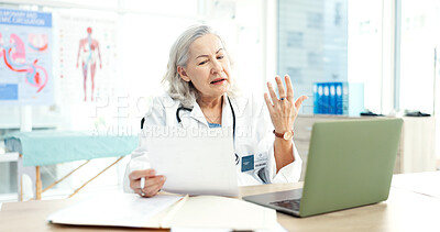 Buy stock photo Talking, hospital and woman doctor on laptop video call for online consulting, help or advice. Internet, person or healthcare expert on virtual consult or medical conference for diagnosis in clinic