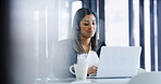 Laptop, reading and woman at office for project, insurance review or underwriting with risk assessment. Business, computer or person with email for policy quote, premium benefits or coverage proposal