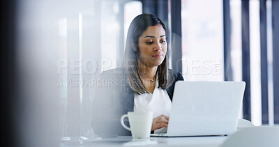 Buy stock photo Laptop, reading and woman at office for project, insurance review or underwriting with risk assessment. Business, computer or person with email for policy quote, premium benefits or coverage proposal
