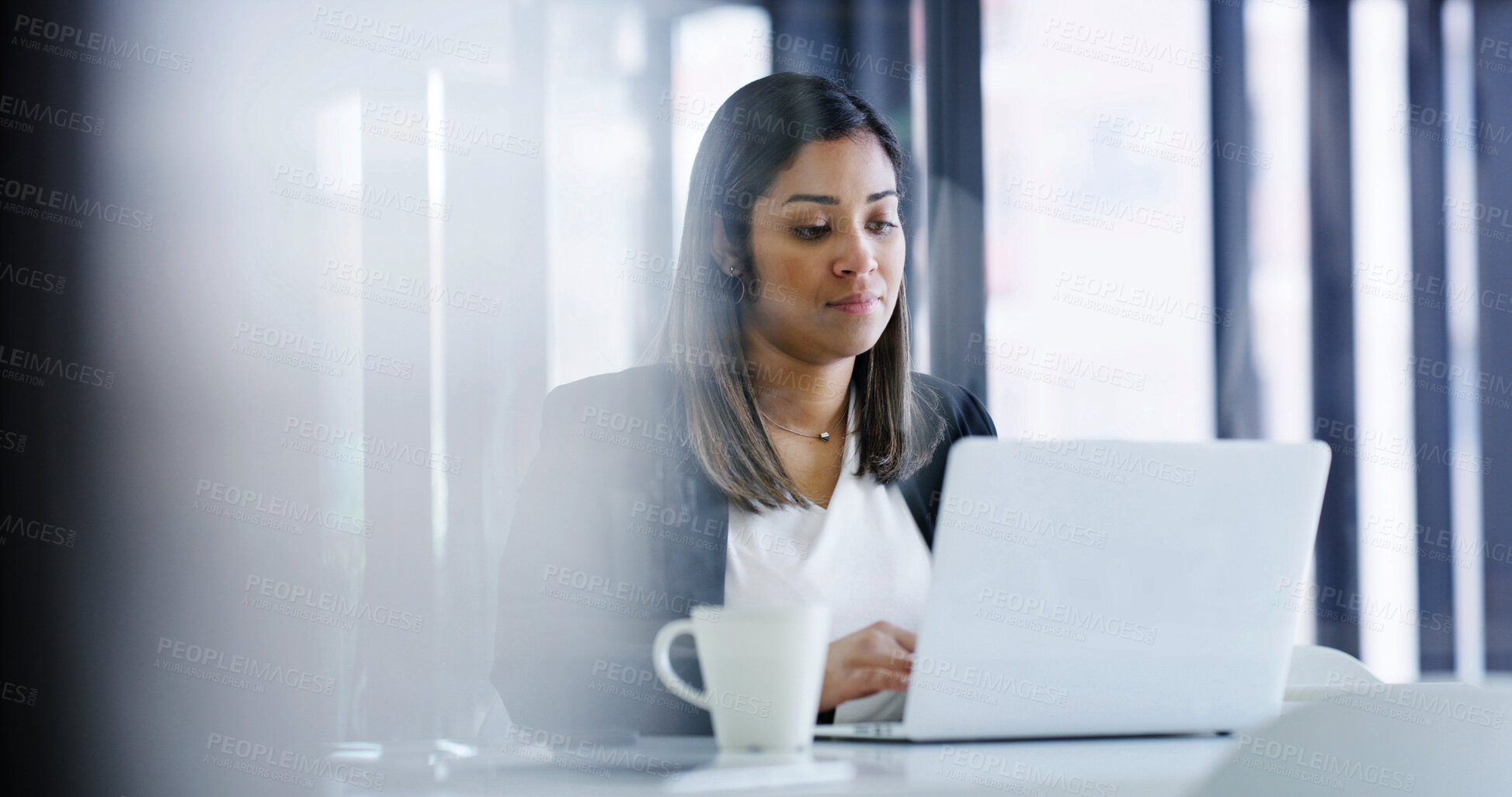 Buy stock photo Laptop, reading and woman at office for project, insurance review or underwriting with risk assessment. Business, computer or person with email for policy quote, premium benefits or coverage proposal