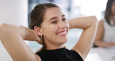 Buy stock photo Happy woman, relax or stretching with smile for productivity, done tasks or finished in office. Coworking, female employee or unwind with completion for deadline success, break or rest in workplace