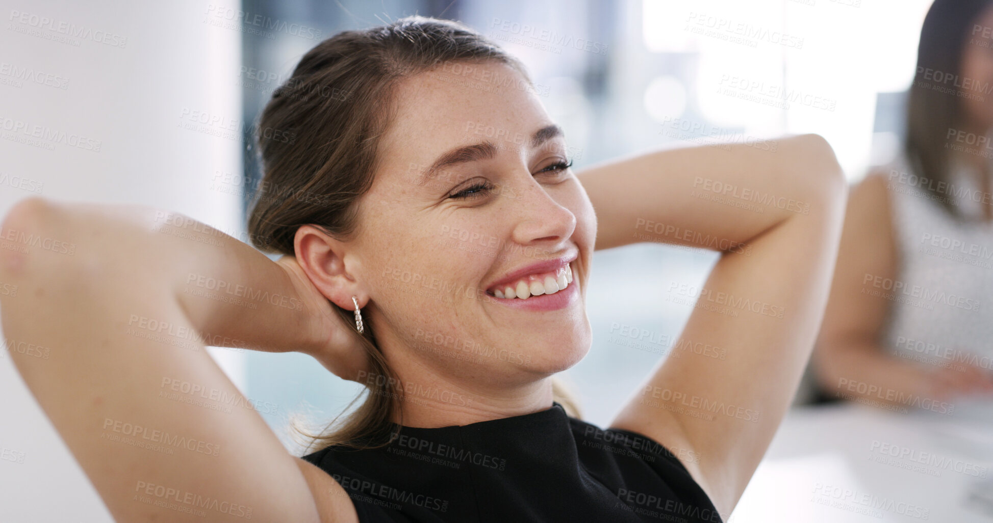 Buy stock photo Happy woman, relax or stretching with smile for productivity, done tasks or finished in office. Coworking, female employee or unwind with completion for deadline success, break or rest in workplace