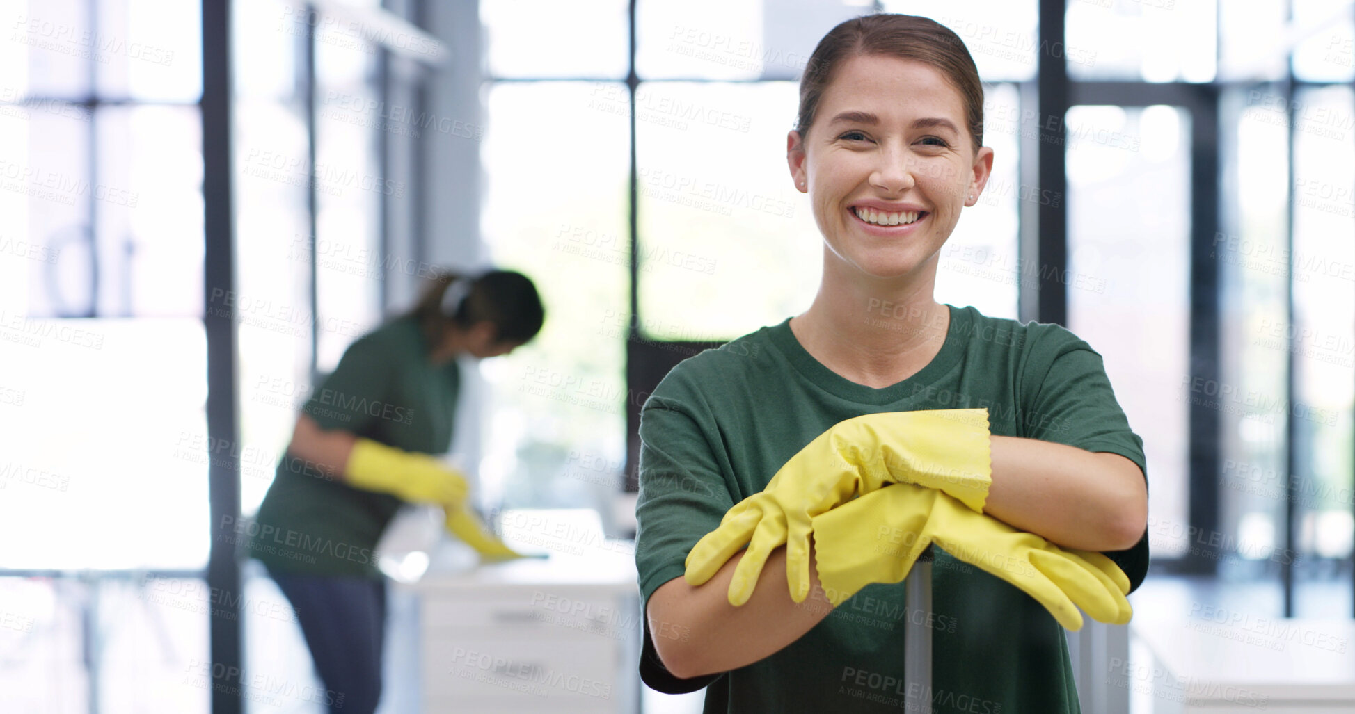 Buy stock photo Cleaning service, portrait or woman in office with smile, pride or about us in facility management. Happy, hygiene or janitorial worker with gloves, confidence or career growth in agency maintenance.