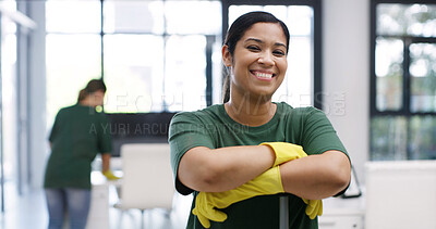 Buy stock photo Cleaning service, portrait or woman in agency with smile, ambition or about us in facility management. Happy, hygiene or janitorial worker with gloves, confidence or pride in workplace maintenance.