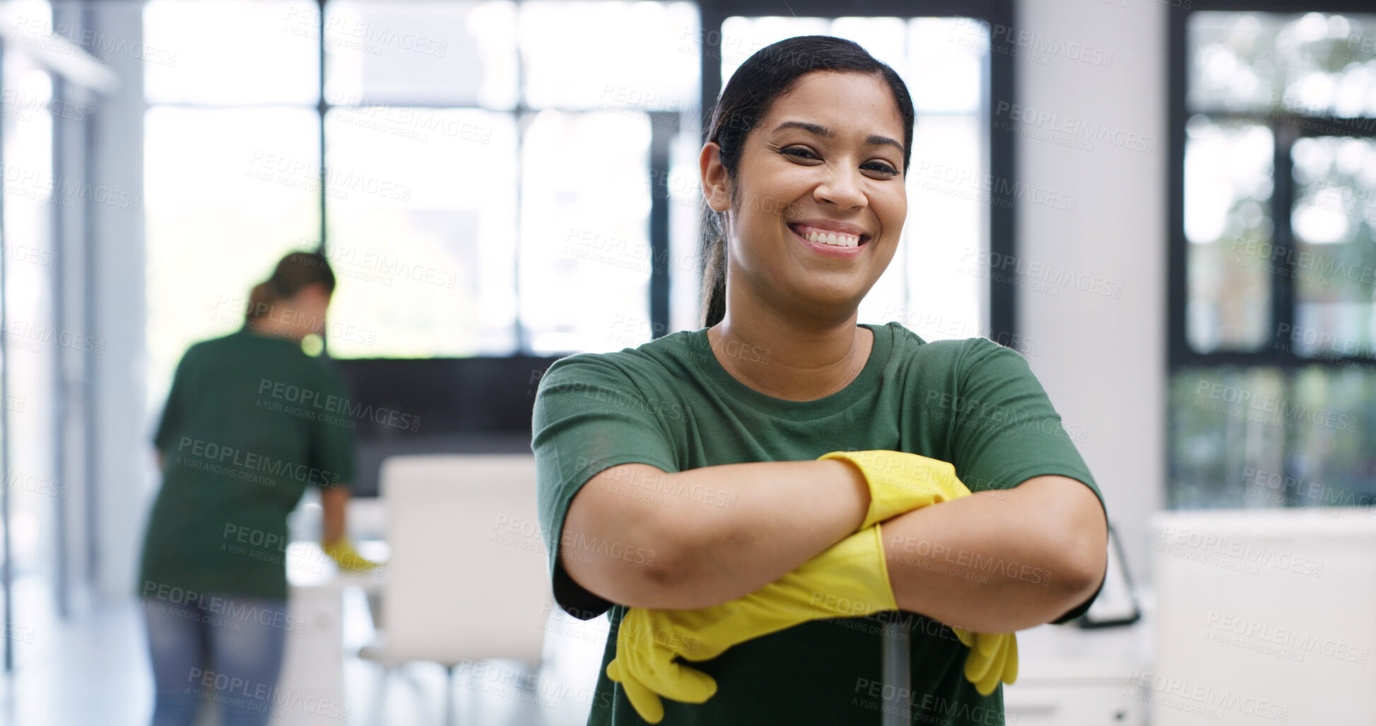 Buy stock photo Cleaning service, portrait or woman in agency with smile, ambition or about us in facility management. Happy, hygiene or janitorial worker with gloves, confidence or pride in workplace maintenance.