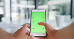 Person, hands and phone with green screen in office for marketing, social media or testing app. Mockup space, typing and mobile smartphone with tech display for UI, UX or advertising in workplace