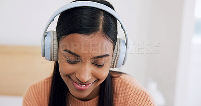 Buy stock photo Smile, headphones or woman in home, listening to music and digital app for podcast, song or online audio. Relax, apartment and person in lounge, live streaming for radio and happiness with break