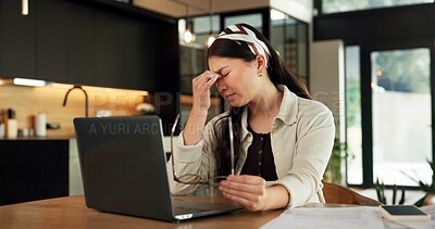 Buy stock photo Freelancer, headache and woman with laptop in home, designer and eye strain from blue light exposure. Graphic design, glasses and Asian person with visual fatigue, migraine and remote work in house