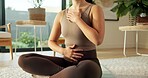 Breathe, meditation and woman in home with calm for mindfulness, wellness and inner peace. Morning, apartment and person on mat for breathing exercise, spiritual awareness and reflection on weekend