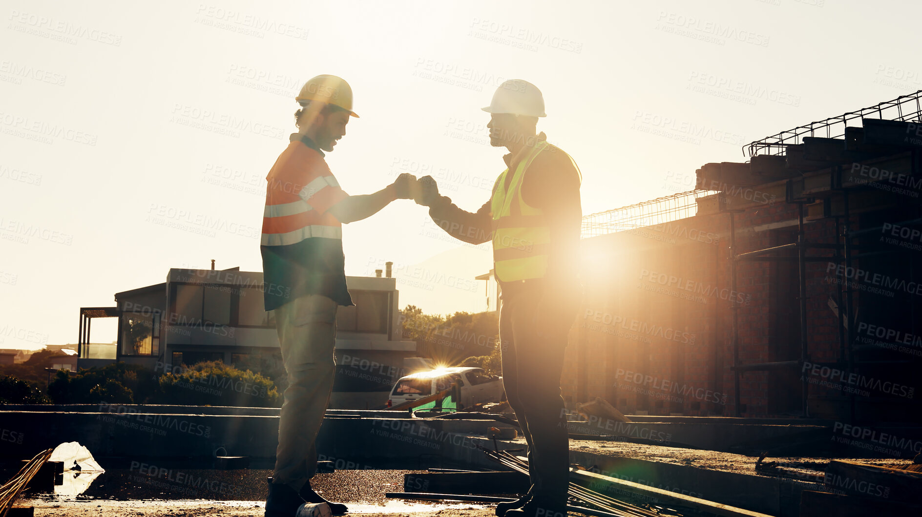 Buy stock photo Engineer, fist bump and men at construction site for welcome, hello or agreement on building plan. Gesture, sunshine and people with partnership, architecture progress and collaboration for process