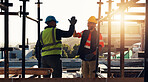 Engineer, high five and men at construction site for welcome, funny or agreement for renovation process. B2B, smile and people with partnership, architecture progress and collaboration for project