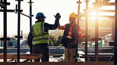 Buy stock photo Engineer, high five and men at construction site for welcome, funny or agreement for renovation process. Flare, smile and people with partnership, architecture progress and collaboration for project