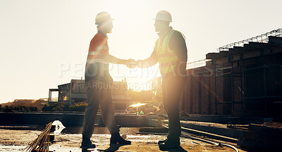 Buy stock photo Architecture, handshake and men at construction site for welcome, sunset or agreement on building plan. Shaking hands, contractor or people with partnership, engineering or collaboration for process