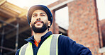 Man, engineer and happy with thinking in city, helmet and urban development at construction site. Person, architect and perspective for project with infrastructure inspection and solution in Mexico