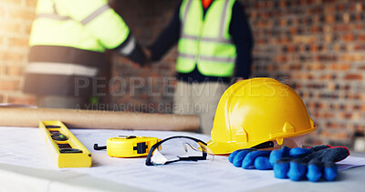 Buy stock photo Construction, handshake or men with safety inspection, building deal or approval in site check. Industrial, ppe or engineers with shaking hands, partnership agreement or clearance in compliance pass.