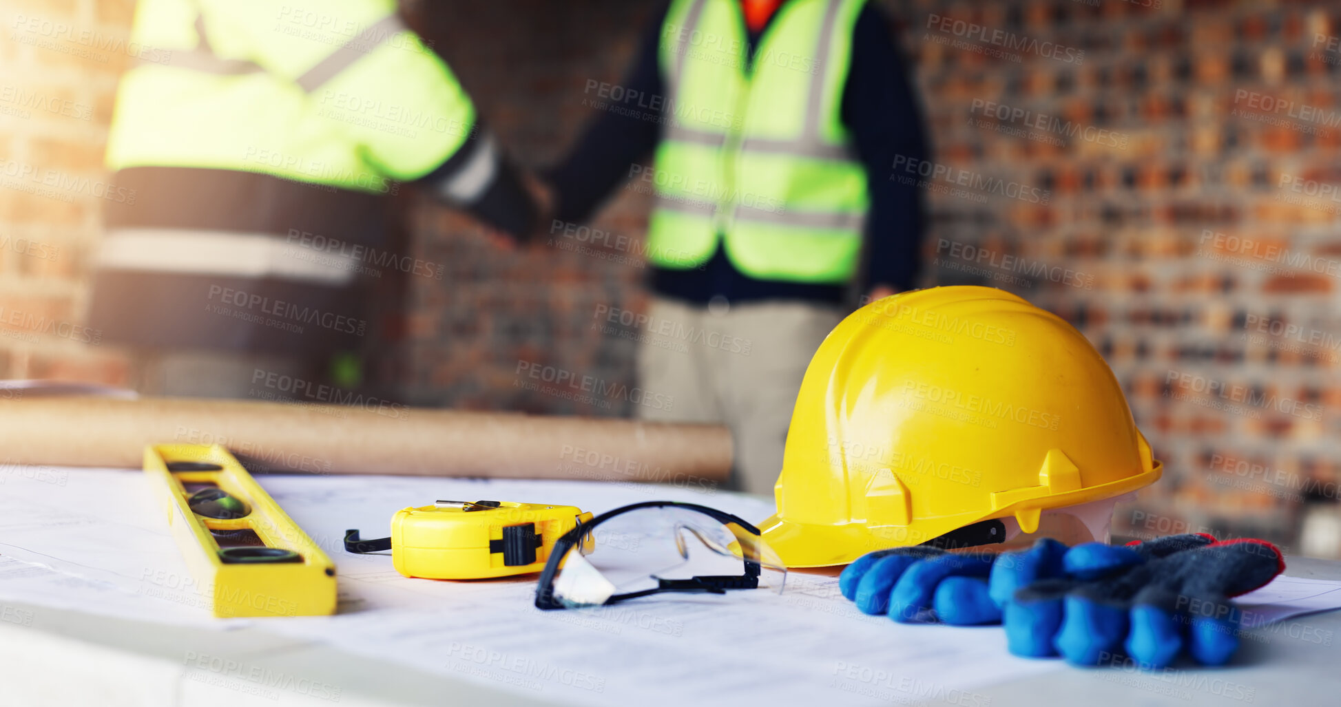 Buy stock photo Construction, handshake or men with safety inspection, building deal or approval in site check. Industrial, ppe or engineers with shaking hands, partnership agreement or clearance in compliance pass.