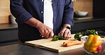 Hands, chef and vegetables at house for cooking, meal prep and healthy food for vegan lunch. Mature person, cutting and knife in kitchen with organic ingredients, culinary skills and recipe for salad
