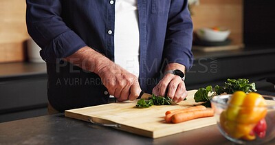 Buy stock photo Hands, man and vegetables at house for cooking, meal prep and healthy food for vegan lunch. Mature person, cutting and knife in kitchen with organic ingredients, culinary skills and recipe for salad