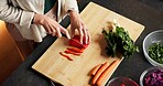 Hands, woman and vegetables in home for cooking, meal prep and healthy food for vegan lunch. Above, mature person and cutting in kitchen with organic ingredients, culinary skills and recipe for salad