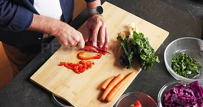 Buy stock photo Hands, chef and vegetables in home for cooking, meal prep and healthy food for vegan lunch. Above, mature person and cutting in kitchen with organic ingredients, culinary skills and recipe for salad
